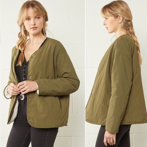 Entro Reversible Shearling Quilted Snap Button Jacket. - Picture 2 of 5